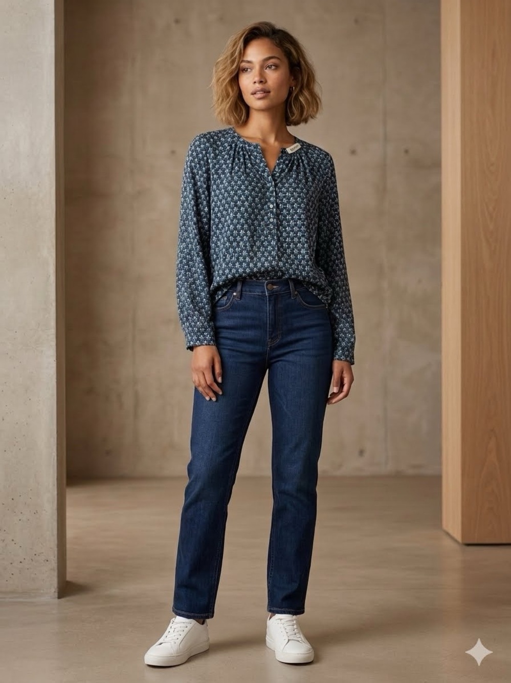 Lenon Navy Multicolor Printed Long-Sleeve Blouse